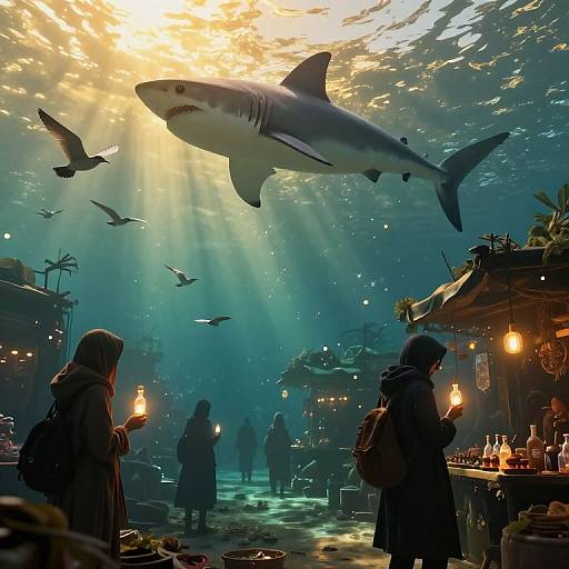 Ethereal Cyberpunk Underwater Marketplace