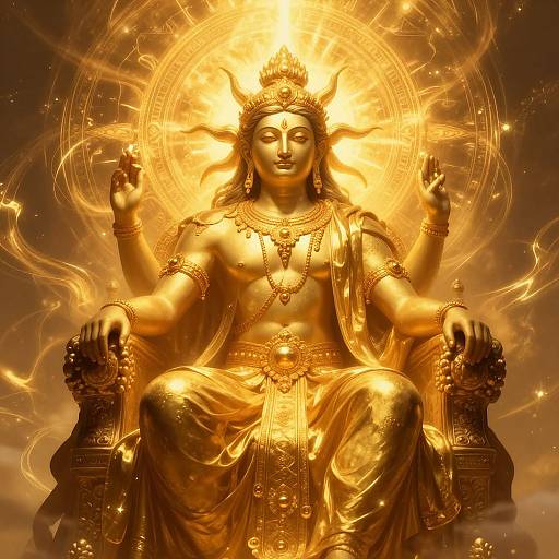 Golden statue of a serene, multi-armed deity with radiant halo, intricate jewelry, and flowing robes, seated on a throne, surrounded by ethereal
