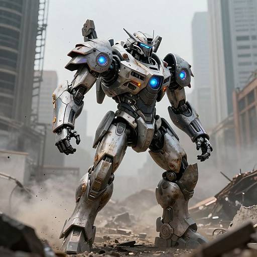 Photorealistic CGI of a towering, silver robotic warrior with glowing blue eyes, standing amidst a ruined, smoky urban battlefield.
