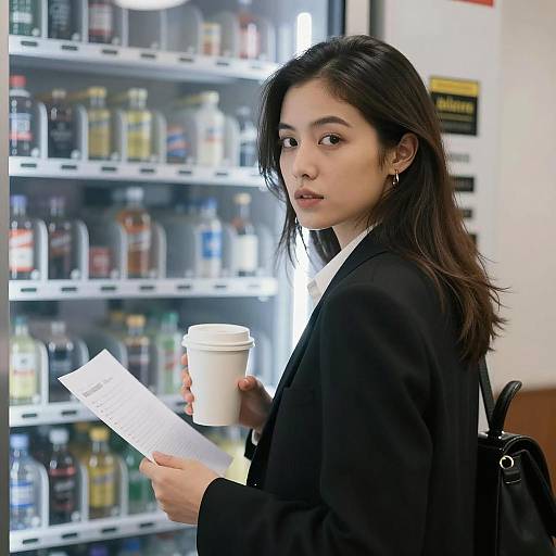 Serious Businesswoman by Vending Machine