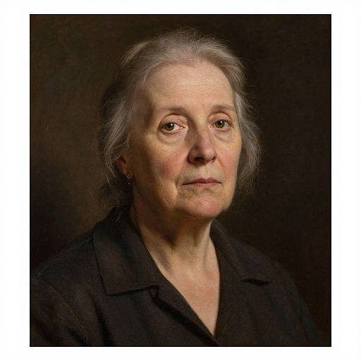 Photograph of an elderly woman with gray hair, fair skin, and wrinkles, wearing a black coat, against a dark background.