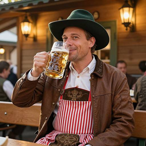 Photograph of a smiling middle-aged man in a green hat, brown leather jacket, and red-striped apron, sipping beer outdoors at a rustic