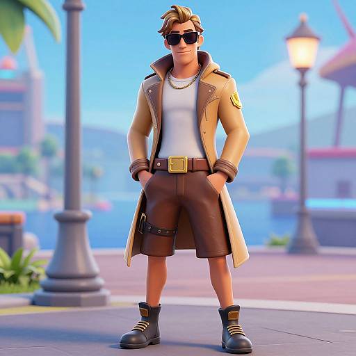 CGI image of a stylish man with short brown hair, sunglasses, beige coat, white shirt, brown shorts, black boots, standing confidently on a