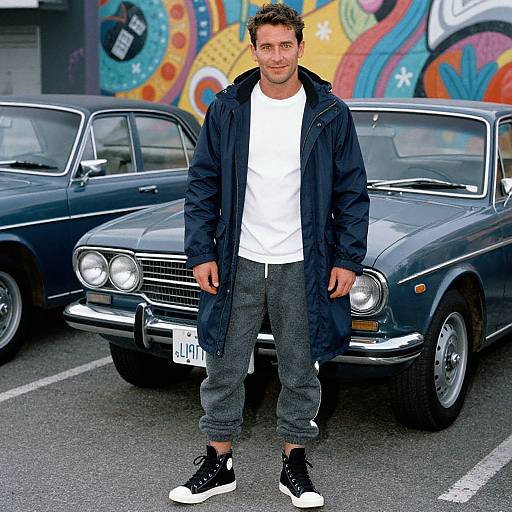 Photograph of a man with short brown hair, wearing a black jacket, white t-shirt, gray pants, and black sneakers, standing in front of