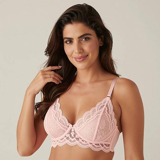 Smiling Woman in Pink Lace Bra