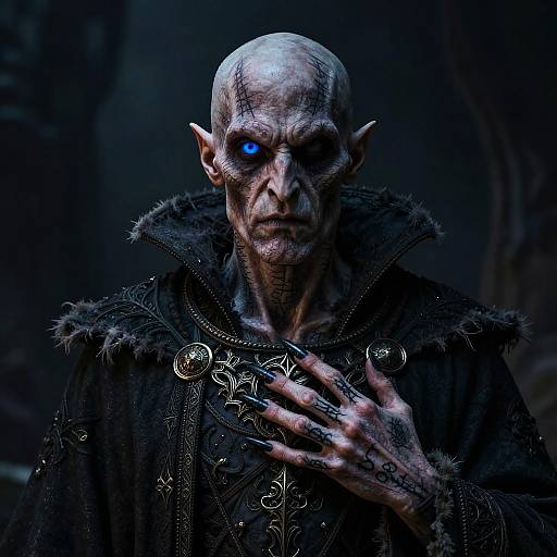 Photorealistic CGI of a bald, skeletal, elf-like creature with blue eye, wearing a dark, fur-trimmed robe with ornate embroidery