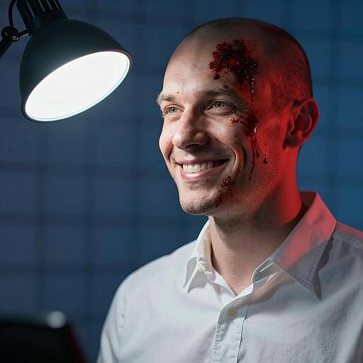 Smiling Bald Man With Bloodstains