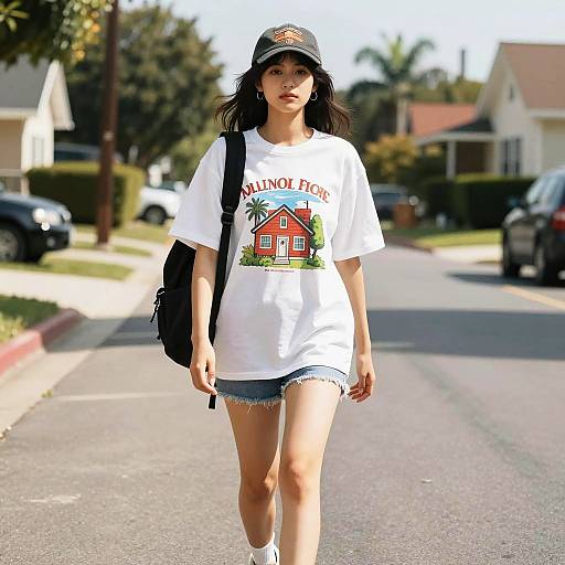 Young Woman Walking on Suburban Street
