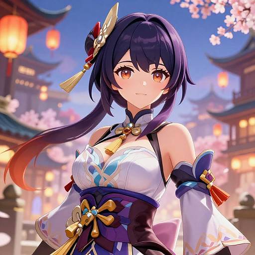 Anime-style digital artwork of a beautiful young woman with long black hair, orange eyes, and traditional Chinese attire, standing in a cherry blossom-lit temple
