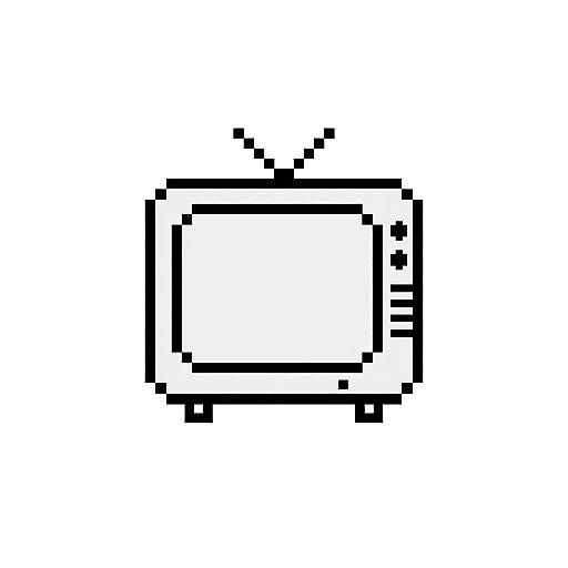 Pixel art of a vintage black-and-white TV set with two antennae and a power button on the right, set against a plain white background.