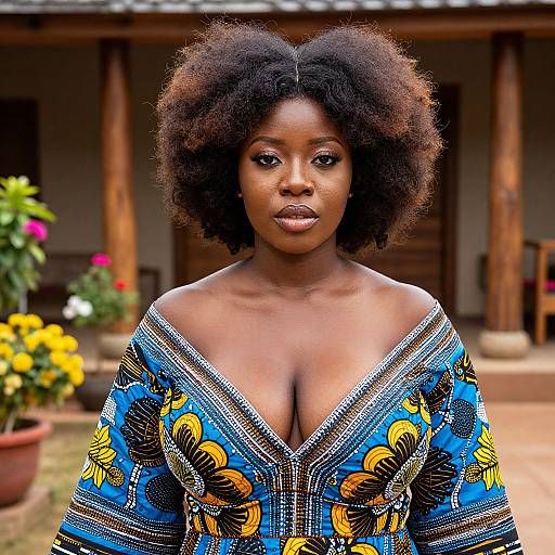Photograph of a confident Black woman with natural afro hair, wearing a vibrant blue and yellow floral-patterned dress with a deep neckline, standing in