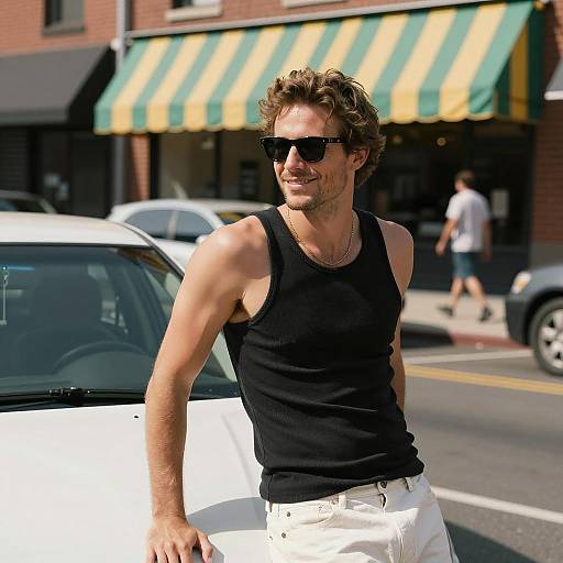Man Leaning on Car in Urban Street
