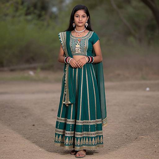 Photograph of a young Indian girl in a teal traditional saree with gold embroidery, standing on a dirt path, wearing jewelry and bangles, with