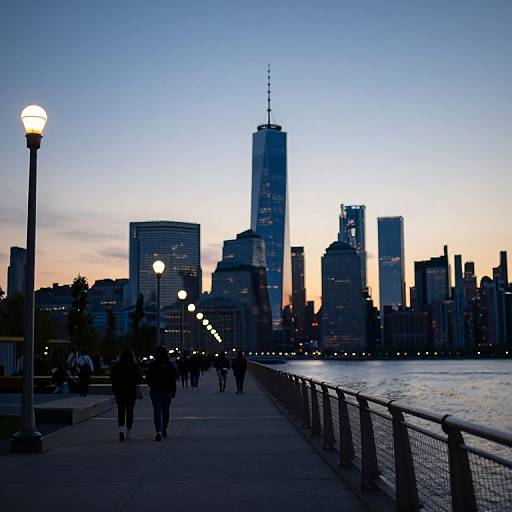 Photograph of a cityscape at dusk, featuring silhouetted skyscrapers, including a tall central building, against a gradient blue-orange sky