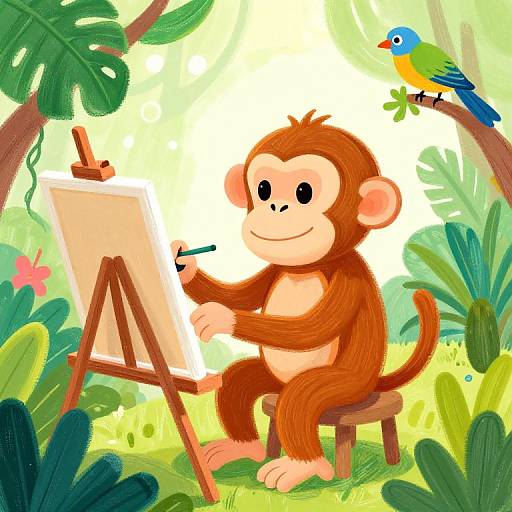 Colorful cartoon of a smiling brown monkey painting on an easel in a vibrant jungle, with a blue and yellow bird perched on a tree branch