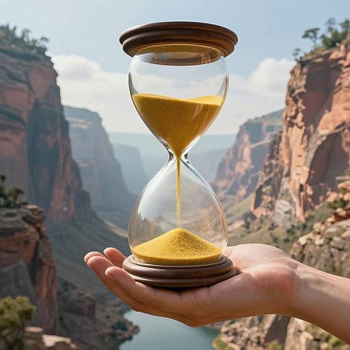 Photograph of a hand holding a glass hourglass with golden sand, set against a dramatic canyon landscape with cliffs and a river.