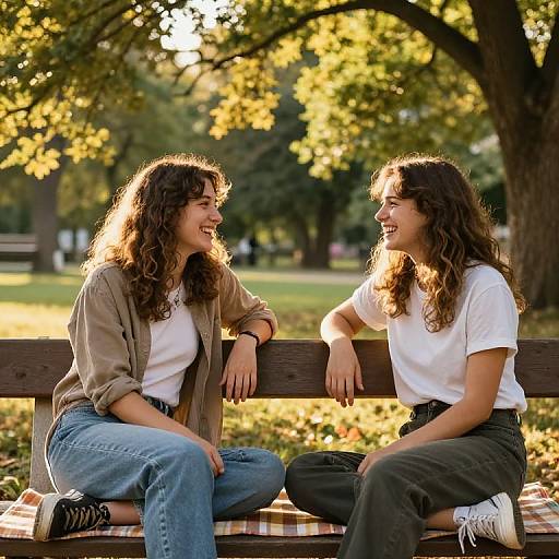 Photograph of two smiling, curly-haired women with light brown hair, wearing casual outfits, sitting on a wooden park bench, sunlight filtering through trees in