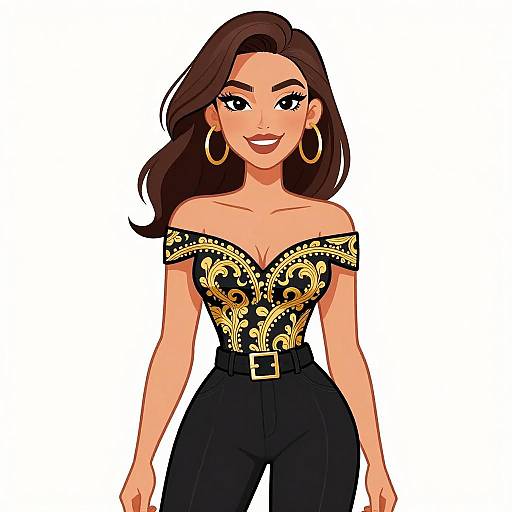 Stylish Woman in Off-the-Shoulder Baroque Top