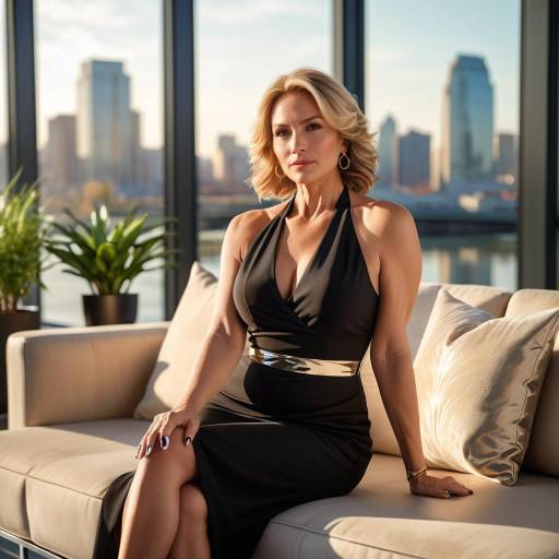 Photograph of a blonde woman with fair skin, large breasts, wearing a revealing beige halter dress, sitting on a beige couch in a sunlit