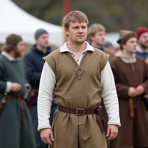 Photograph of a fair-skinned, brown-haired man in medieval attire, white shirt, brown tunic, belt, standing in a blurred outdoor historical