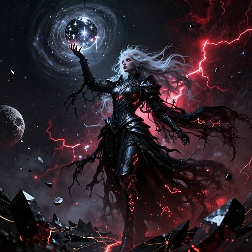 Digital fantasy artwork: Silhouetted, white-haired figure in black, tattered armor holding glowing orb, surrounded by red lightning and cosmic debris.