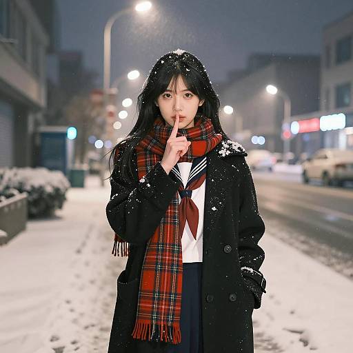 Asian Woman in Winter Clothes on Snowy Urban Street