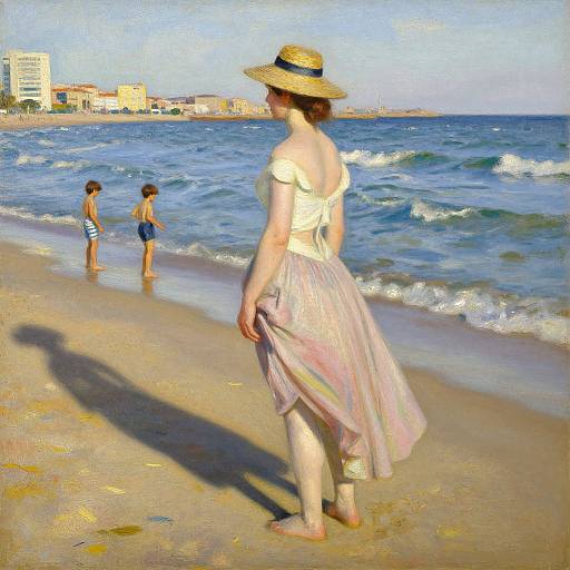 Impressionist-style painting: Woman in white top and pink-striped skirt, straw hat, stands on sunlit beach, shadow cast, two children playing