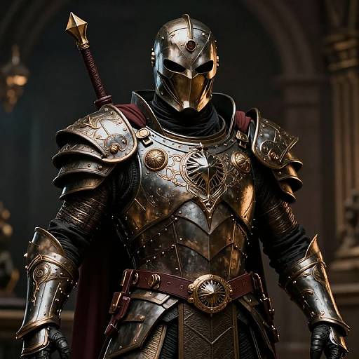 Digital illustration of a medieval armored knight with reflective gold-plated armor, dark helmet, red cloak, sword on back, and intricate designs, standing in