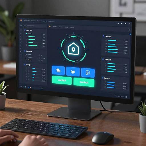 Photograph of a modern desktop computer displaying a user interface with a house icon, buttons for 