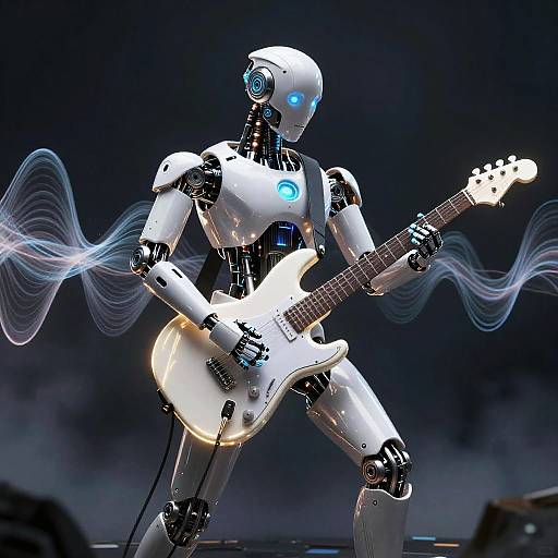 Digital art of a white, glowing robotic guitarist with blue eyes playing an electric guitar, surrounded by wavy, ethereal white light. Dark background.