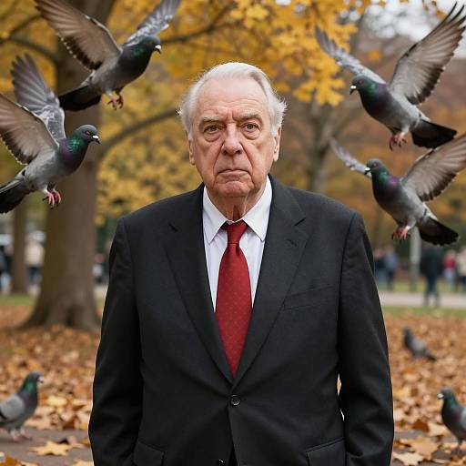 Elderly Man Surrounded by Flying Pigeons in Autumn Park