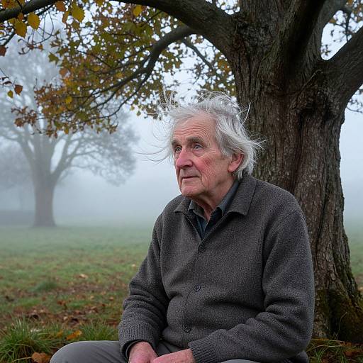 Photograph of an elderly man with white hair, wearing a gray sweater, sitting against a tree in a foggy, autumnal park.