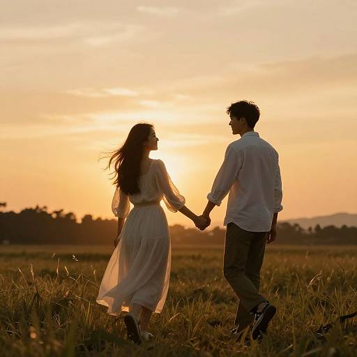 Photograph of a silhouetted couple holding hands in a golden sunset field, wearing white dress and shirt, with grassy landscape.