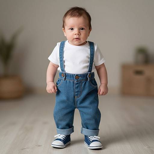 Photograph of a cute baby with light skin, brown hair, wearing a white shirt, blue denim overalls, and blue sneakers, standing on light