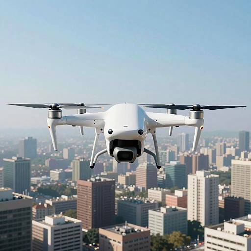 Futuristic White Drone Over Cityscape