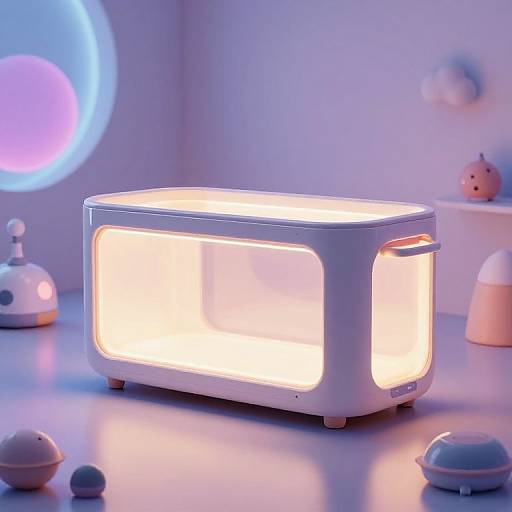 Photograph of a glowing, rectangular, white LED-lit box with transparent sides, set on a smooth, pastel-colored surface, surrounded by whims