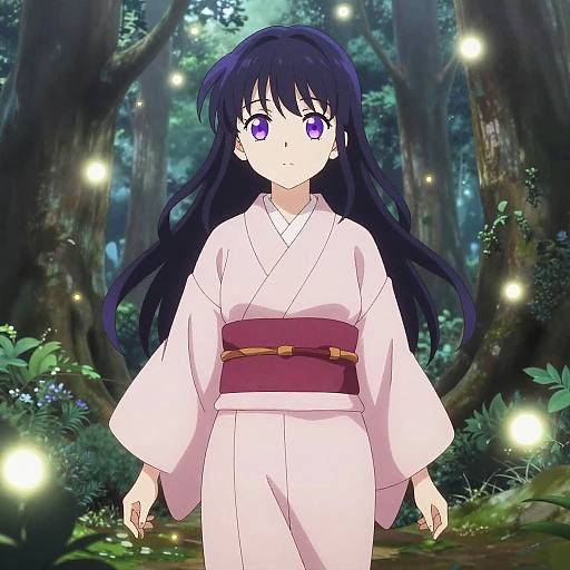 Purple-Eyed Anime Girl in Mystical Forest