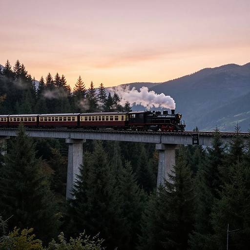 Vintage Train Crossing Mountain Bridge