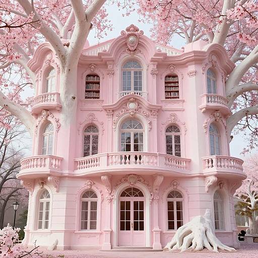 Photograph of a pink, ornate, two-story mansion with intricate architecture, surrounded by blooming cherry blossom trees, and white statues at the base