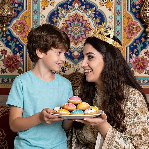 Photograph of a smiling woman with long black hair, gold crown, and ornate gold dress, holding a plate of colorful donuts with a young