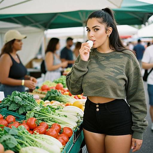 Photograph of a Latina woman with dark hair in a ponytail, green crop sweater, black shorts, eating a tomato at an outdoor market, surrounded