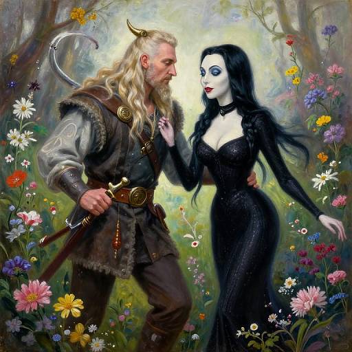 Digital fantasy painting: A muscular, horned, blonde warrior with a sword gazes at a pale, black-dressed, white-faced woman with long