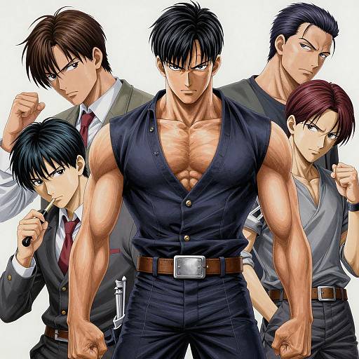 Anime-style digital illustration of five muscular, serious men in various outfits: central black tank top, others in suits and shirts.