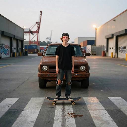 Teen Skateboarder with Cybernetic Eyes by Rusty Pickup Truck