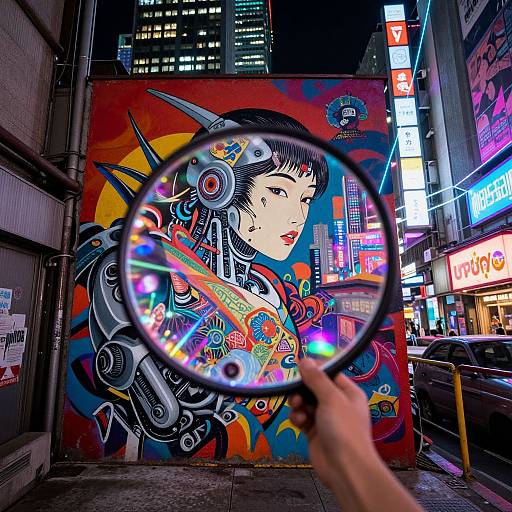 Photograph of vibrant urban street art featuring a cyberpunk-style woman with headphones and mechanical details, viewed through a hand-held magnifying glass in a neon