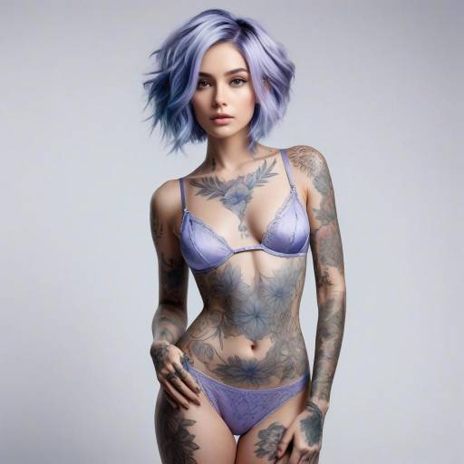 Digital art of a tattooed, silver-haired woman with short, wavy hair, wearing a lavender lace bra, against a gradient gray background.