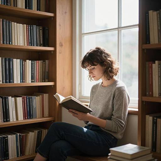 Photograph of a curly-haired woman in a gray sweater, reading a book in a sunlit library, surrounded by wooden bookshelves.