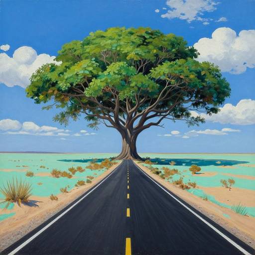 Digital art of a straight road leading to a large, green-leaved tree under a bright blue sky with white clouds. Desert landscape surrounds the road.
