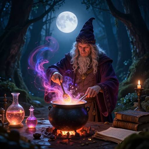 Photorealistic digital artwork of a white-bearded wizard in a black hat, stirring a glowing cauldron under a full moon in a dark forest