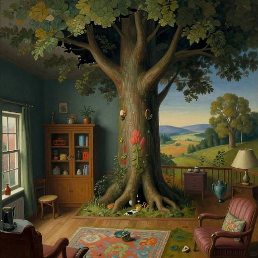 Whimsical living room with a giant tree mural, colorful rug, wooden cabinet, red armchairs, and a scenic countryside view. Photoreal